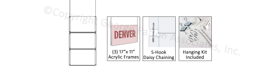 This hanging sign frame displays three 17x11 graphics hanging sign frame