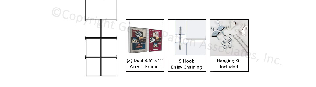 This suspended signage displays six 8.5x11 graphics suspended signage for windows