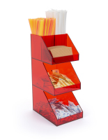 Coffee Creamer Caddy Displays Sugar Packets and Cup Sleeves Three tier red acrylic coffee creamer caddy