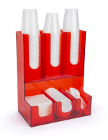 Coffee Bar Organizer Dispenses Cups and Lids 6 compartment red acrylic coffee bar organizer