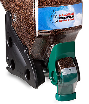 Continuous flow bulk food dispensers come in three, five, and 12 gallon capacities Closeup of gravity dispenser filled with coffee beans