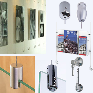 Cable hanging hardware helps create or customize architectural signage displays. cable hanging hardware