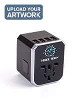 Promotional Universal Travel Adapter Features Four USB Ports Black promotional universal travel adapter with 4 USB ports
