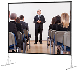 This 7’ commercial projection screen is portable, and comes with a tripod stand and storage case commercial projection screen with stand