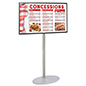 Electronic Signage Display with Round Stationary Base to Match a Wide Range of Office Aesthetics Electronic signage display features sleek satin finished aluminum stand