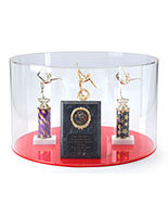 This Round Red Display Case Is Perfect for University Exhibits Round red display case with 0.5" thick base