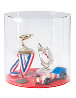 This Round Countertop Display Case is Great For Sports Memorabilia Round countertop display case with red acrylic base