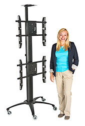 This portable flat screen display rack has integrated electrical outlets and comes with a wheeled travel case. flat screen display rack with dual VESA mounts