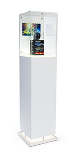 Feature video advertisements behind your merchandise in these electronic pedestal stands Pedestal display case with digital advertising screen