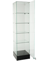 Full view display cabinet with swing open doors provide easy accessibility to merchandise. Frameless Tower Cabinet