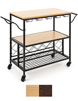 Beverage Cart with Wine Storage and 44 Pound Weight Capacity per Shelf Beverage cart with wine storage features a wheeled rectangular base