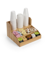 Wood Coffee Condiment Station Holds All Your Serving Essentials in One Place 14.8-inch wide by 9.5-inch tall wood coffee condiment station with natural finish