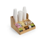 Wood Coffee Condiment Station Holds Cups, Lids, Tea Bags, and Sugar Packets 14.8w x 9.5h wood coffee condiment station with 3 pockets