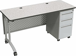 These height adjustable desks include wheels and a storage area Height adjustable desk with wheels
