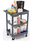 Each service cart features heavy duty wheels to help maneuver heavy loads. Janitorial carts are completely mobile