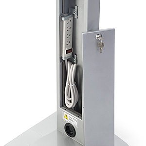 The Navigator iPad Stand Hides Tablet Cords and also includes a Convenient Power Strip for Other Electronics Navigator iPad stand with rear open access panel showing the integrated power strip