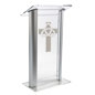 Acrylic Pulpit with Trinity Cross has a .5" Thick Lip Acrylic Pulpit with Trinity Cross Comes with a Cleaning Cloth & Solution