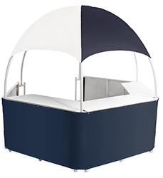 This portable event booth tent is travel-ready! portable event booth tent with counters in blue and white
