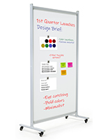 Dry erase rolling room divider with lacquered finish to prevent ghosting and staining 