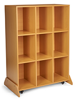 Mobile cubby storage unit with whiteboard back and non-adjusting shelves