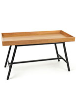 Merchandise Dump Table with Raised Lip to Keep Items Securely in Place Merchandise dump table with natural oak finish and black metal legs