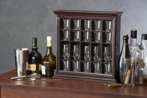 This shot glass case will look great at your home bar. Shot glass casing for home bar use.