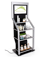 Digital merchandising retail shelving unit with steel frame and tempered glass shelves