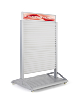 Rolling slatwall stand with sign holder and shelf base