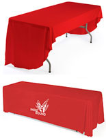 These printed table covers include custom logos printed table covers include custom logos