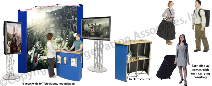 Tradeshow Exhibit features Graphic Pop-Up Display, TV Stands, & Trade Show Counter! Custom Design Booth