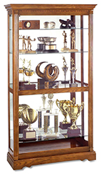 Create an upscale presentation for sports memorabilia and collectibles with a wooden trophy case wooden trophy case with traditional appearance