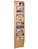 Wall Mounted Vertical Cascade Magazine Rack Includes Mounting Hardware and Pre-Drilled Holes Wall mounted vertical cascade magazine rack with light oak finish