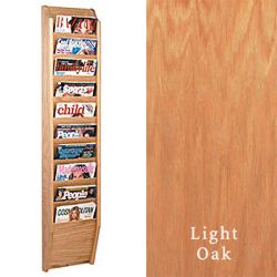 Wall Mounted Vertical Cascade Magazine Rack Is Made of Wood with Light Oak Finish Wall mounted vertical cascade magazine rack with open shelving