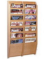 Side by Side Vertical Magazine Rack with 14 Pockets and Pre-Drilled Installation Holes Side by side vertical magazine rack with 14 pockets with light oak finish