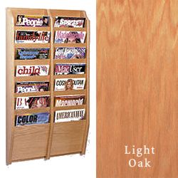 Side by Side Vertical Magazine Rack with 14 Pockets Features 7 Tiers for Literature Side by side vertical magazine rack with 14 pockets and light oak finish