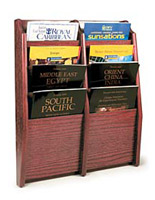Wall Mounted Vertical Magazine Rack Features Mahogany Finish Wall mounted vertical magazine rack with solid wood construction