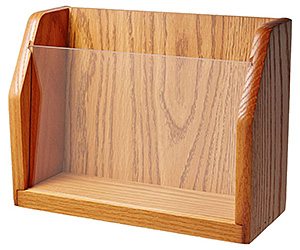 Elevate the presentation of your countertop offerings with wood magazine holders A wood countertop magazine holder featuring light oak stained finish