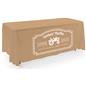 Tan open back tablecloth with high heat transferred vinyl