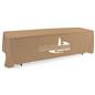 Tan open back tablecloth with high heat transferred vinyl imprint