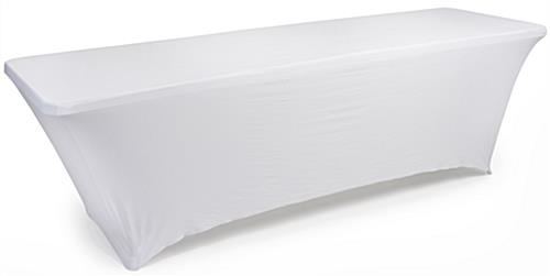 This Stretch Table Cloth Provides Full Coverage to 8 Foot Tabletops White stretch table cloth