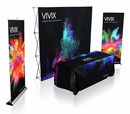 The 10' Trade Show Backdrop Package Saves You Money and Looks Great. 10' trade show backdrop package with coordinating custom printed graphics.