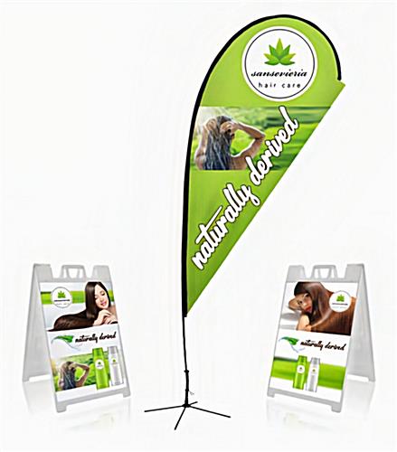 Outdoor Display Package with Two Sign Frames and One Advertising Flag. Outdoor display package includes two sidewalk signs and one teardrop banner.