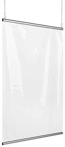 Clear Vinyl Hanging Shield Divider Is Great for Checkout Counter Areas Clear vinyl hanging shield divider with 36 inch wide banner rails