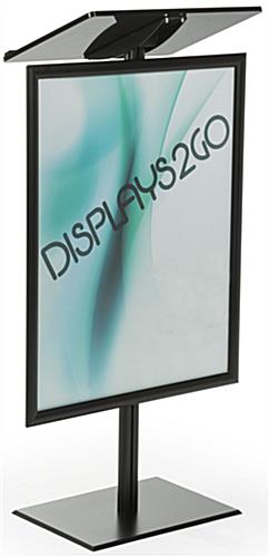 Propped View of Silver Economy Lectern with Poster Frame Black Economy Podium with Poster Frame that Adjusts