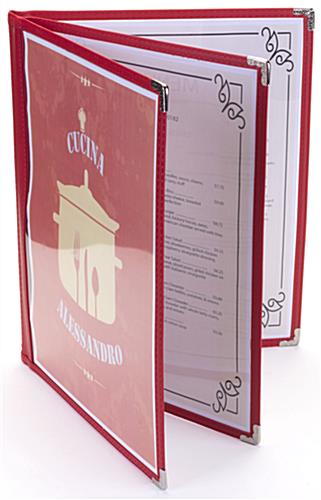 Red 8.5” x 11” (3) Page Restaurant Menu Covers with Clear Panels Red 8.5” x 11” (3) Page Restaurant Menu Covers with Clear Panels
