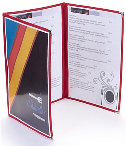 Red 8.5” x 14” (3) Panel Clear Menu Covers with 6 Views Red 8.5” x 14” (3) Panel Clear Menu Covers with 6 Views