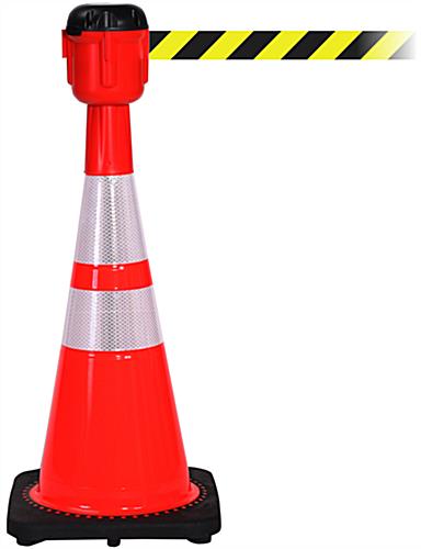 Traffic Cone with 30' Barrier Belt, Black & Yellow Traffic Cone with 30' Barrier Belt, PVC Material