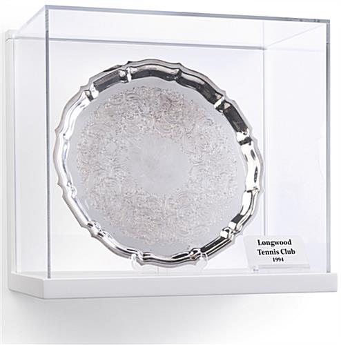 Museum Style Wall Vitrine with White Backdrop Antique Silver Platter Inside Museum Style Wall Vitrine