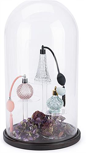This Glass Dome with Base Will Help Protect Fragile and Treasured Items Dark brown finish glass dome with base