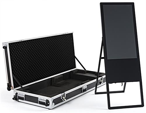 This digital A-frame sign comes with a custom-sized hard shell case for convenient transporting Digital A-Frame Sign with Travel Case